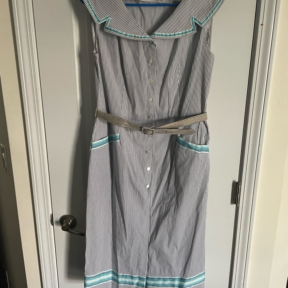 Bettie Page Blue Striped Midi Dress with Teal Highlights